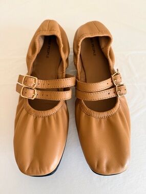 Free People GEMINI Tan Double-Buckle Mary Jane Flats Size 7
